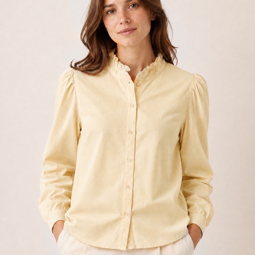 A Shirt Thing Ruffle Collar Blouse Small Cream Corduroy  Long Sleeve Button Down